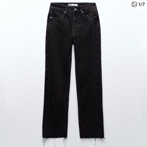 Zara Black High-Rise Straight-Leg Jeans with Raw Hem size 4